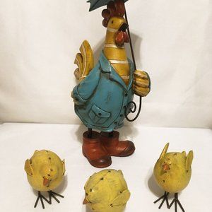 Colorful Whimsical Chicken Ready for Rain and Chicks Figurines 12 1/2" Tall